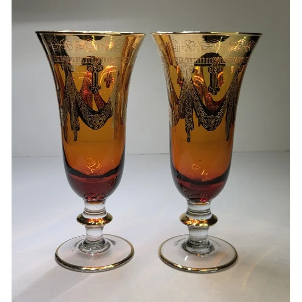 Pair Of Arte Italica Medici Amber Gold Champagne Flutes Goblets Glasses 7.5